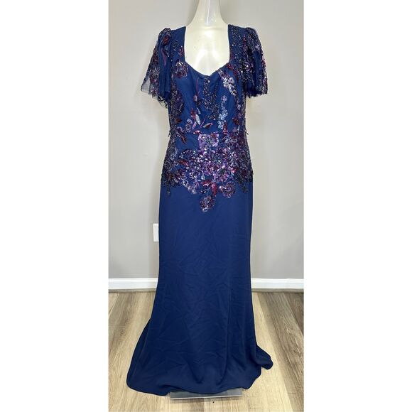 NWT Badgley Mischka Sweetheart Neck Beaded Lace Flutter-Sleeve Gown Navy Size 12 - Picture 3 of 9
